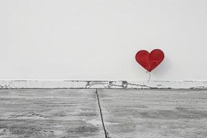 A large blank white wall stands next to a concrete floor, with a small red heart placed against the ground, creating a striking visual contrast photo