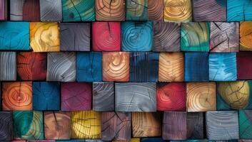 Intricate arrangement of colorful wooden blocks showcases vibrant hues and unique textures, inspiring creativity and artistic imagination photo