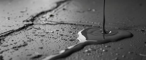 Glistening droplets collect in the crevices of an aged concrete floor, revealing the beauty of texture and reflection as dusk descends photo