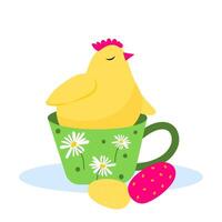 Cute little chick character is sitting in a cup with chamomile and Easter eggs vector