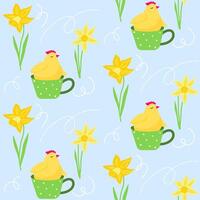 Seamless pastel spring floral pattern with yellow sitting in a cup chicken bird. Background with daffodil flowers, leaves. vector