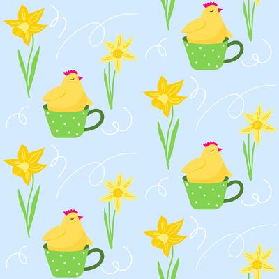 Seamless pastel spring floral pattern with yellow sitting in a cup chicken bird. Background with daffodil flowers, leaves.
