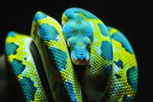 This close-up captures a striking green and blue snake resting, highlighting its vibrant scales against a solid black background in great detail photo