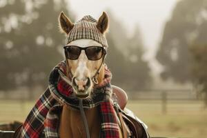 A stylish horse is seen in a countryside location, sporting sunglasses and a warm knitted hat with a scarf, exuding a trendy vibe in the serene landscape photo