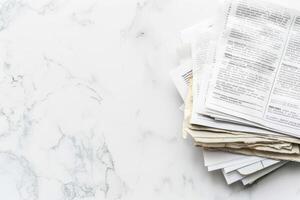 Blank business cards sit neatly piled on a polished marble surface, perfect for customizing with personal or professional details photo