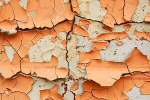 The surface displays a vibrant orange color with significant peeling, revealing layers of paint and texture, highlighting age and decay photo