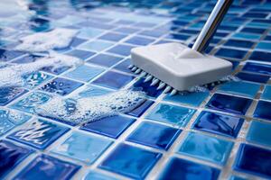 Bubbles rise as a cleaning tool glides over vibrant blue mosaic tiles, ensuring a spotless and inviting swimming pool surface photo