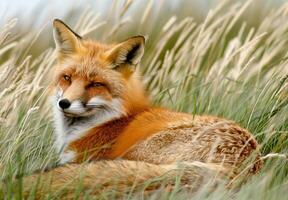In a serene winter grassland, a red fox reclines among tall grasses, its captivating fur glistening in the cool light as it gazes attentively at its surroundings photo