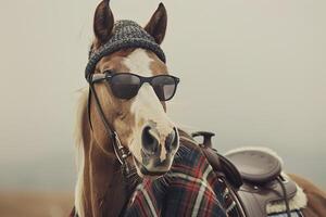A horse stands confidently, wearing sunglasses and a warm hat. It is surrounded by a soft, natural landscape, capturing a fun and relaxed atmosphere photo