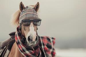 A horse stands confidently in a winter setting, wearing sunglasses and a cozy scarf. The calm atmosphere highlights the horse's playful fashion choice in the cold photo