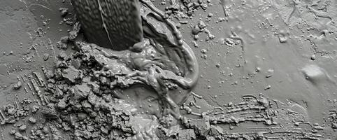 Fresh gray cement is being poured, creating a dynamic swirl of material on the construction site while capturing the essence of building photo