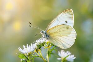 A stunning white butterfly with translucent wings flutters gracefully among small white flowers in a vibrant garden under soft sunlight, clearly enjoying the warm afternoon photo