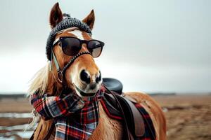 A fashionable horse stands proudly in the open countryside, sporting stylish sunglasses and a cozy beanie hat. The surrounding landscape is expansive and serene photo
