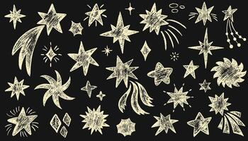 Crayon drawn stars, meteorite and comets. Doodle color magic blinking stars, charcoal cosmic. Set of doodle sparks and sparkles. Pencil or charcoal drawing. crayon drawings of night sky symbol vector