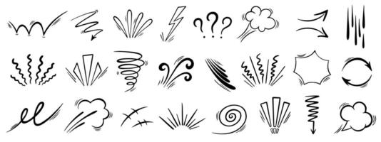 Line movement emotion effect element, cartoon emotion effect decoration icon. Hand drawn effect manga doodle line element arrow, emphasis, shock, sparkle. Expression sign anime line movement vector