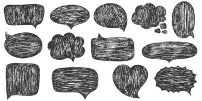 Speech bubbles with crayon or chalk texture. Charcoal doodle speech bubbles, comic talk balloon. Hand drawn kid's style pencil dialog balloon, various text clouds. Hand drawn illustrations vector