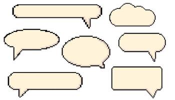 Pixel speech bubbles. Chat speech or dialogue. Set of white different shape empty pixelated speech bubbles. Stickers, icons, empty dialogue cloud templates. illustration 8-bit retro style vector