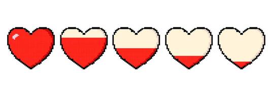 Pixel game life bar. Pixel art heart for 8 bit game health bar, hearts icons for love level scale. Gaming controller, symbols set. vector