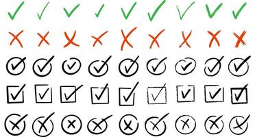 Check marks doodle set. Vote, yes, no, checkbox, checklist, tick and cross signs, v and x drawn concept. Hand drawn doodle sketch style illustrations vector