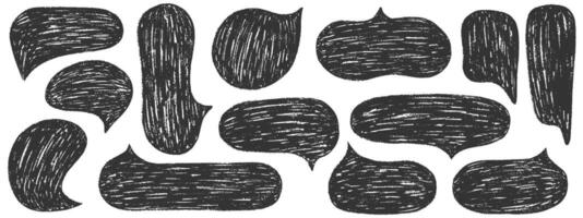 Speech bubbles with crayon or chalk texture. Charcoal doodle speech bubble, comic talk balloon. Hand drawn kid's style pencil dialog balloon, various text clouds. Hand drawn illustrations vector