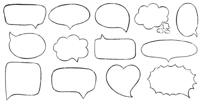 Chalk pencil speech bubbles doodle set. Crayon frames, comic talk balloon. Grange texture. Hand drawn kids style pencil dialog balloon, various text clouds. Hand drawn illustration
