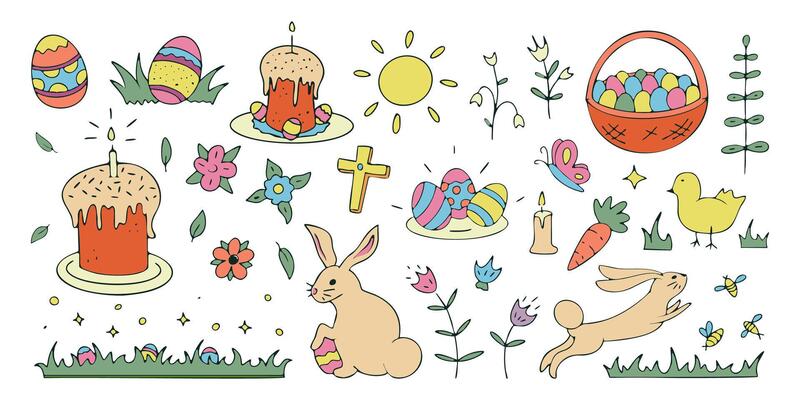 Easter colorful doodles and scribbles, cute drawings of the holiday symbols, rabbits and cakes, decorated eggs and botanical decorations. illustration.