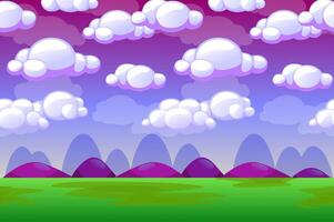 Game Background made from seamless endless elements-sky, clouds, mountains and grass. assets and layers for your 2D mobile games. Cartoon style game background vector