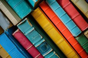Vibrant books in various colors are neatly stacked, representing a treasure trove of knowledge and creativity, inviting readers to explore different genres photo