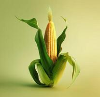 A vibrant corn cob stands upright, crowned with a tuft of silk and surrounded by lush green leaves. Its bright yellow kernels reflect freshness in a serene setting photo