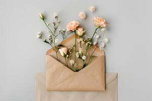 Pastel-colored flowers peek from an open brown envelope, set against a soft neutral background. The arrangement showcases a charming blend of delicate blooms and textures photo