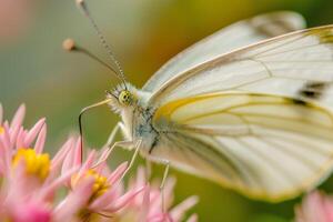 A white and yellow butterfly is perched on a bright pink flower, its wings gently open, while sunlight illuminates the surrounding greenery in a tranquil garden setting photo