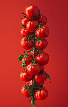 A vertical arrangement displays an impressive tower of fresh tomatoes, each brightly colored and perfectly ripe, set against a vivid red background that enhances their appeal photo