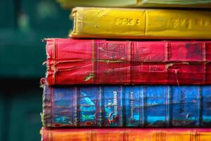 A stack of vintage books in vibrant colors tells a story of time and knowledge, inviting readers into a captivating world of imagination and learning photo