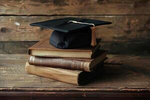 A graduation cap rests on vintage books with scattered currency, highlighting education as a vital investment in future success and opportunities photo