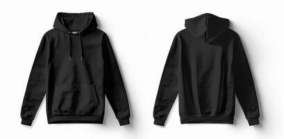 Front and back views of a black hoodie sweatshirt mockup template to highlight design possibilities for casual wear and branding purposes, perfect for presentations photo