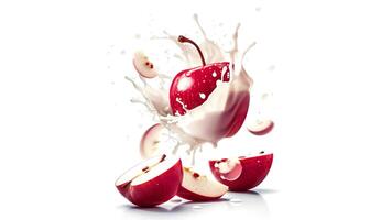 Red apple slices break apart as they drop into a pool of creamy milk, surrounded by splashes. The bright colors and dynamic movement create an engaging moment of freshness photo