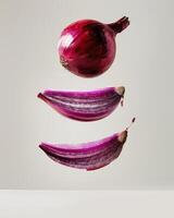 A red onion is displayed in an artistic manner, sliced into four distinct pieces, highlighting its rich purple and white layers. The pieces are beautifully suspended above a plain background photo