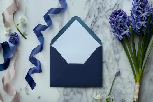 An overhead view features an open navy blue envelope resting on a marble background, surrounded by vibrant flowers and decorative ribbons, enhancing the aesthetic photo