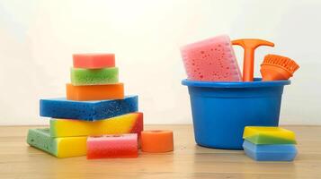 Bright sponges and cleaning tools are organized on a wooden table, creating an inviting setup for efficient home cleaning activities at any time photo