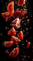 Bright red tomato slices are airborne, elegantly scattered against a dark backdrop. The dynamic arrangement showcases the juicy texture and vibrant color of the tomatoes, enhancing visual appeal photo