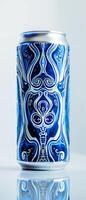 A close-up reveals a white beer can adorned with a striking blue pattern. The design features intricate lines that create a captivating visual presentation full of creativity photo