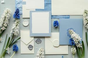 An elegant arrangement showcases wedding invitation cards surrounded by blue flowers and greenery on a soft background, perfect for setting a romantic tone photo