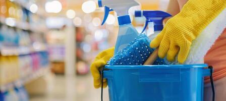 A cleaning lady holds a blue bucket filled with various cleaning supplies while preparing to start her tasks inside a well-lit retail store photo