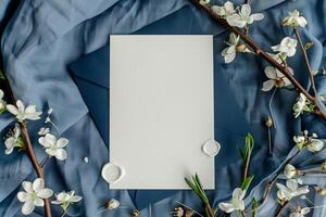 A blank card mockup is set atop a rich navy blue fabric, adorned with softly arranged white flowers and green leaves, creating a serene and inviting atmosphere photo
