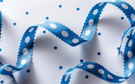 Blue ribbon with white dots curls elegantly over a clean white background, accentuated by scattered blue dots, offering a cheerful and festive vibe photo