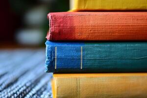 A vibrant stack of books in shades of red, orange, green, and blue sits on a textured surface, inviting readers to explore diverse stories and ideas photo