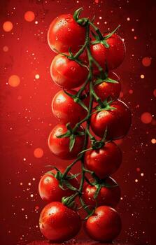 Fresh tomatoes are arranged in a tall tower against a vibrant red background. Droplets of water cling to their surface, emphasizing their freshness and quality photo