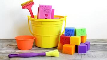 Brightly colored cleaning supplies are neatly organized on a wooden table, featuring a yellow bucket filled with sponges, brushes, and a small cup, ideal for cleaning tasks photo