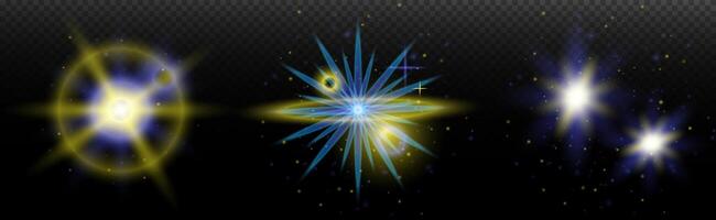 a set of three glowing stars and a starburst vector