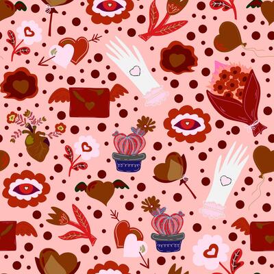a pattern with hearts and flowers on a pink background